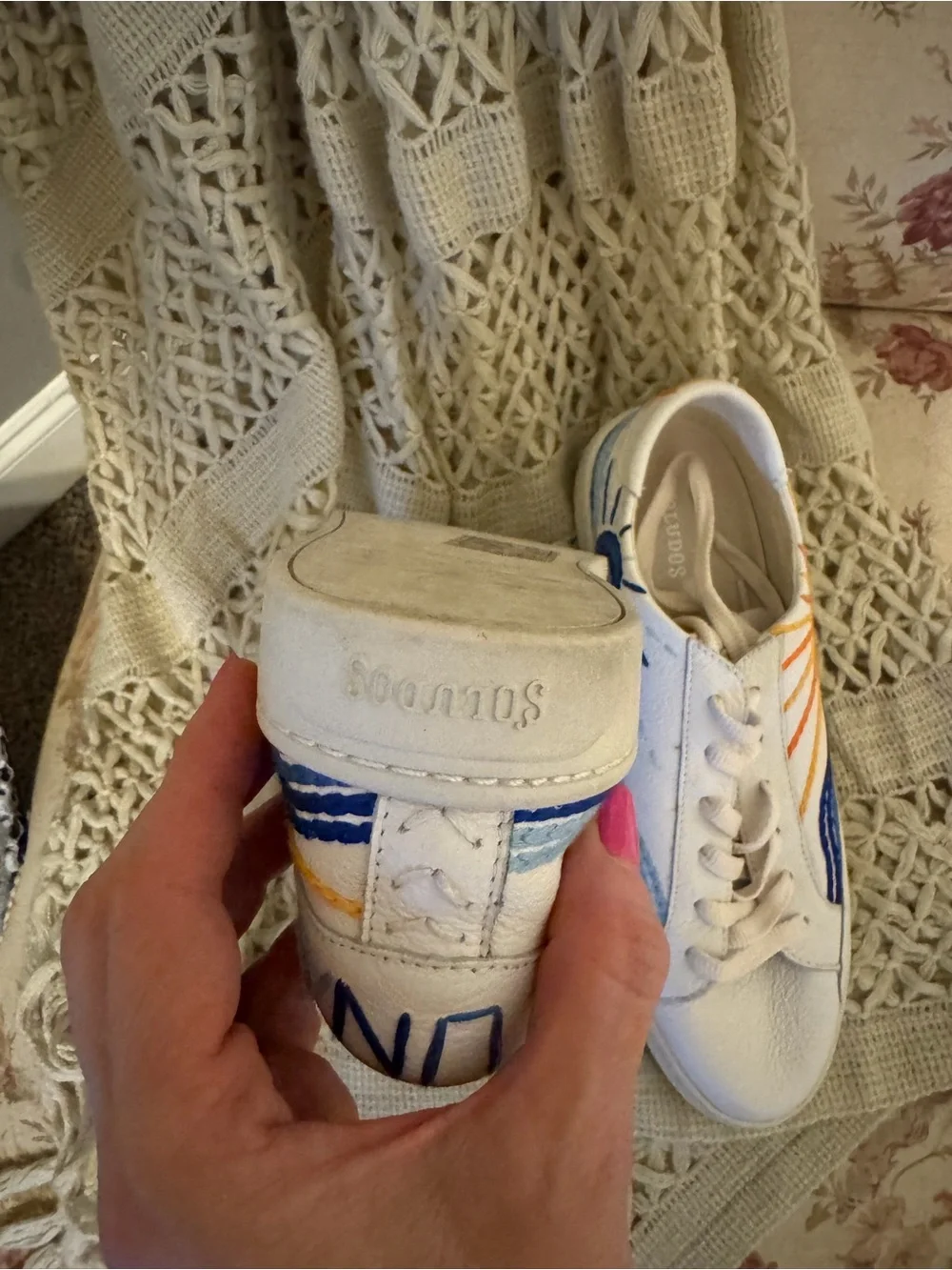 Soludos White Leather Sun Moon Wave Sneakers Artistic Coastal Shoes leather
